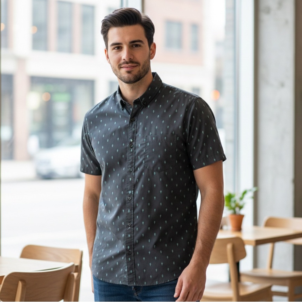 O'Neill Men's Charcoal Grey Printed Button Down Short Sleeve Shirt - Size L K7